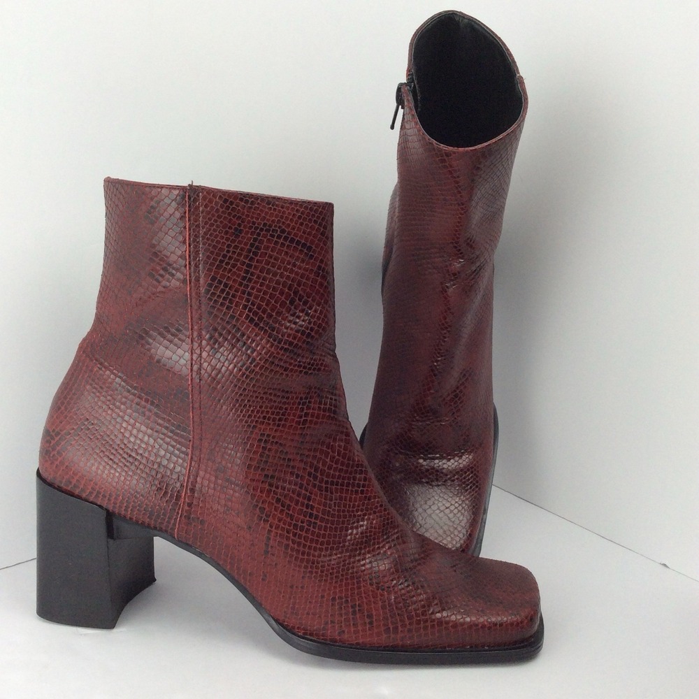 St Johns Bay Booties Snake Print Square Toe Block Heel Burgundy Faux Leather 10M